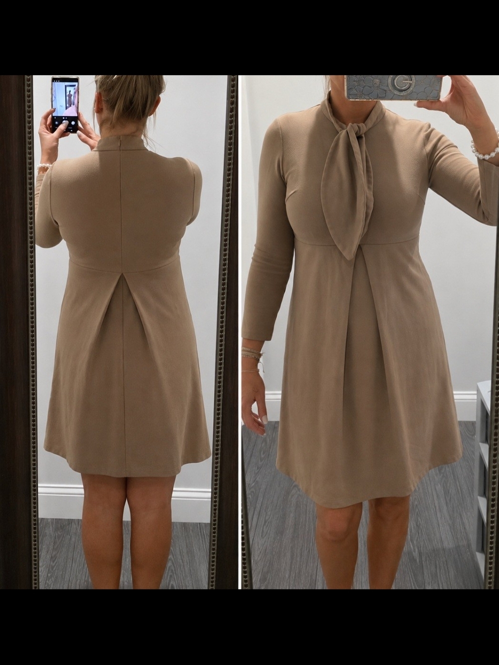 One Of A Kind Susan Cianciolo Tie-Neck A-Line Dress in Taupe